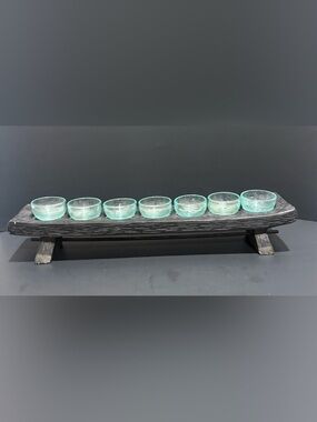 Element Aqua Glass Votive Set on Dark Wood Tray
